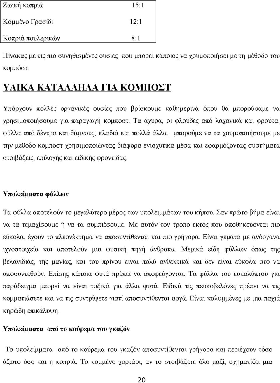 Τα άχυρα, οι φλούδες από λαχανικά και φρούτα, φύλλα από δέντρα και θάμνους, κλαδιά και πολλά άλλα, μπορούμε να τα χουμοποιήσουμε με την μέθοδο κομποστ χρησιμοποιώντας διάφορα ενισχυτικά μέσα και