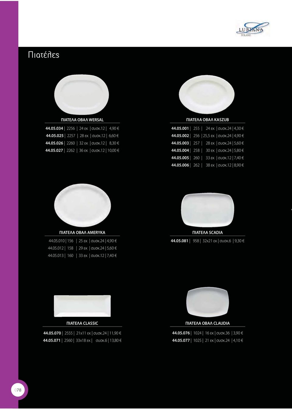 12 8,90 ΠΙΑΤΕΛΑ ΟΒΑΛ AMERYKA 44.05.010 156 25 εκ συσκ.24 4,90 44.05.012 158 29 εκ συσκ.24 5,60 44.05.013 160 33 εκ συσκ.12 7,40 ΠΙΑΤΕΛΑ SCADIA 44.05.081 958 32x21 εκ συσκ.