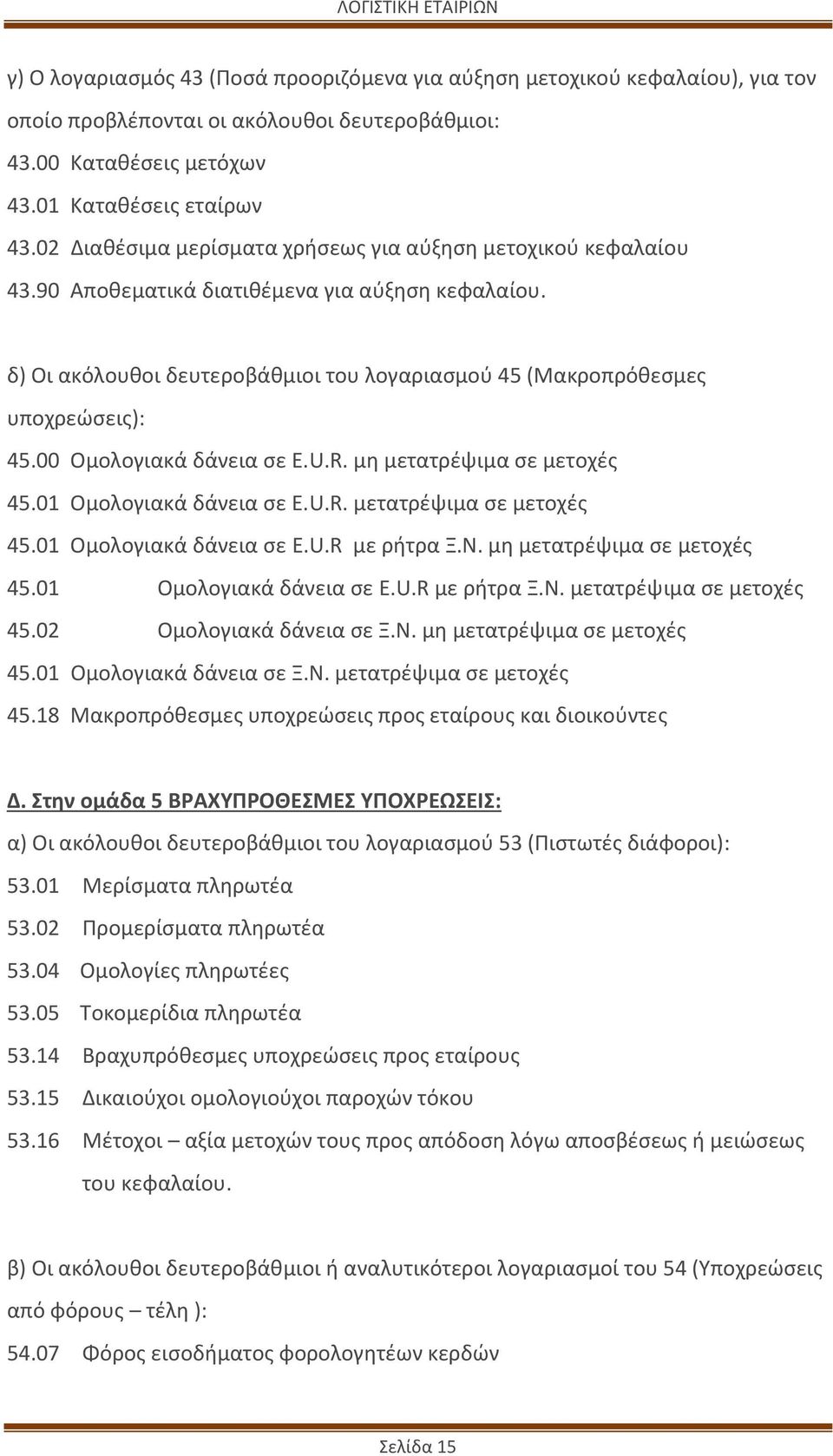 00 Ομολογιακά δάνεια σε Ε.U.R. μη μετατρέψιμα σε μετοχές 45.01 Ομολογιακά δάνεια σε Ε.U.R. μετατρέψιμα σε μετοχές 45.01 Ομολογιακά δάνεια σε E.U.R με ρήτρα Ξ.Ν. μη μετατρέψιμα σε μετοχές 45.01 Ομολογιακά δάνεια σε E.U.R με ρήτρα Ξ.Ν. μετατρέψιμα σε μετοχές 45.02 Ομολογιακά δάνεια σε Ξ.