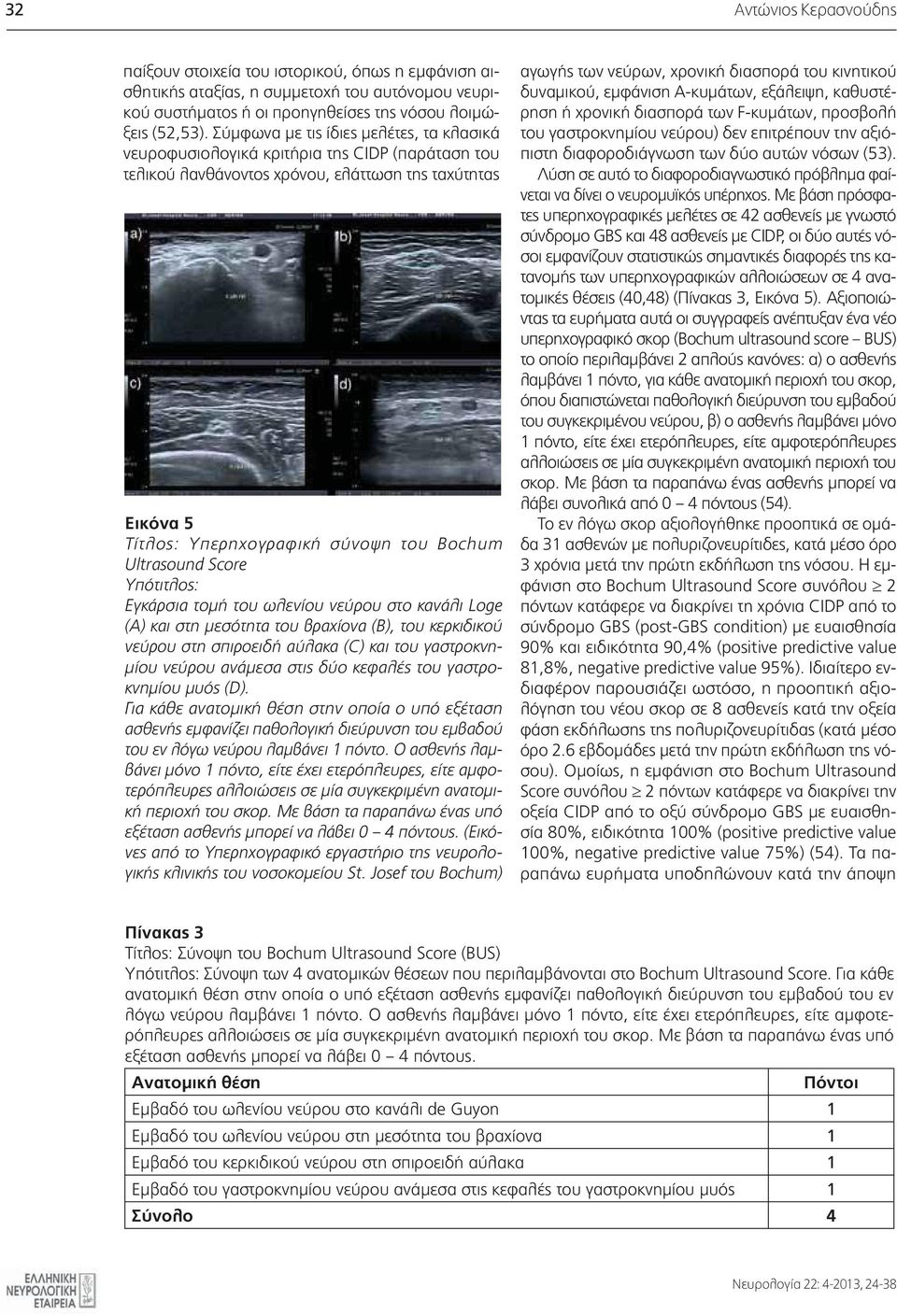 Ultrasound Score Yπότιτλος: Εγκάρσια τομή του ωλενίου υ στο κανάλι Loge (Α) και στη μεσότητα του βραχίονα (B), του κερκιδικού υ στη σπιροειδή αύλακα (C) και του γαστροκνημίου υ ανάμεσα στις δύο