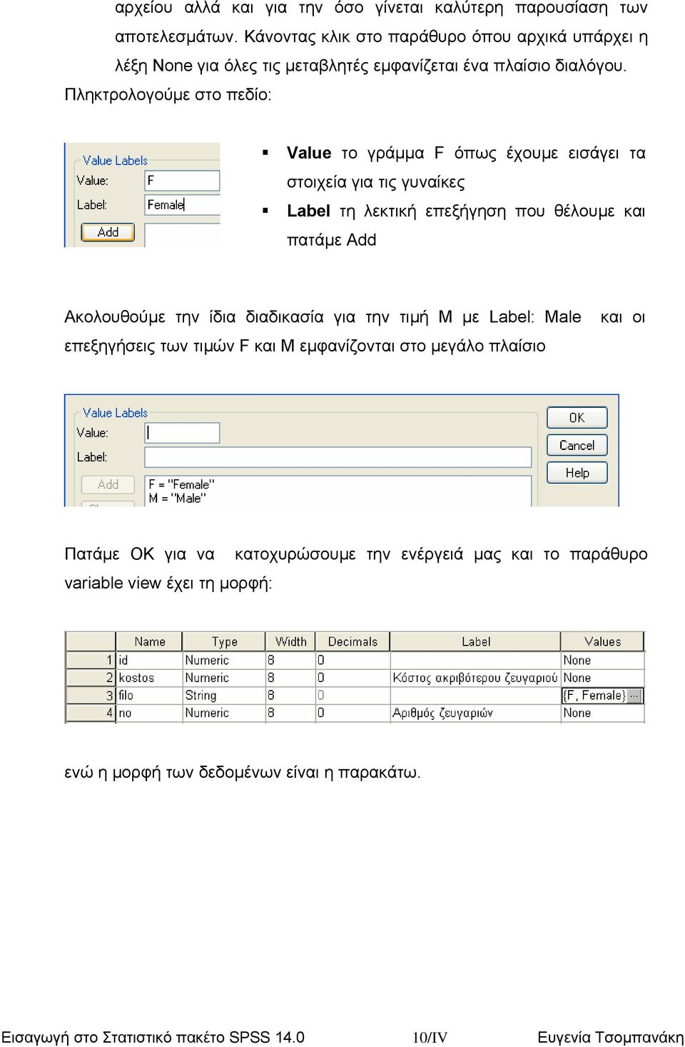 Πληκτρολογούµε στο πεδίο: Value το γράµµα F όπως έχουµε εισάγει τα στοιχεία για τις γυναίκες Label τη λεκτική επεξήγηση που θέλουµε και πατάµε Add Ακολουθούµε την ίδια