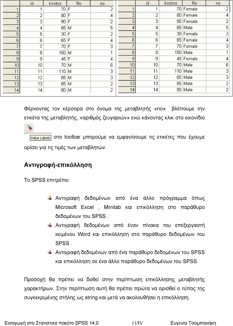 Αντιγραφή-επικόλληση Το SPSS επιτρέπει: Αντιγραφή δεδοµένων από ένα άλλο πρόγραµµα όπως Microsoft Excel, Minitab και επικόλληση στο παράθυρο δεδοµένων του SPSS.