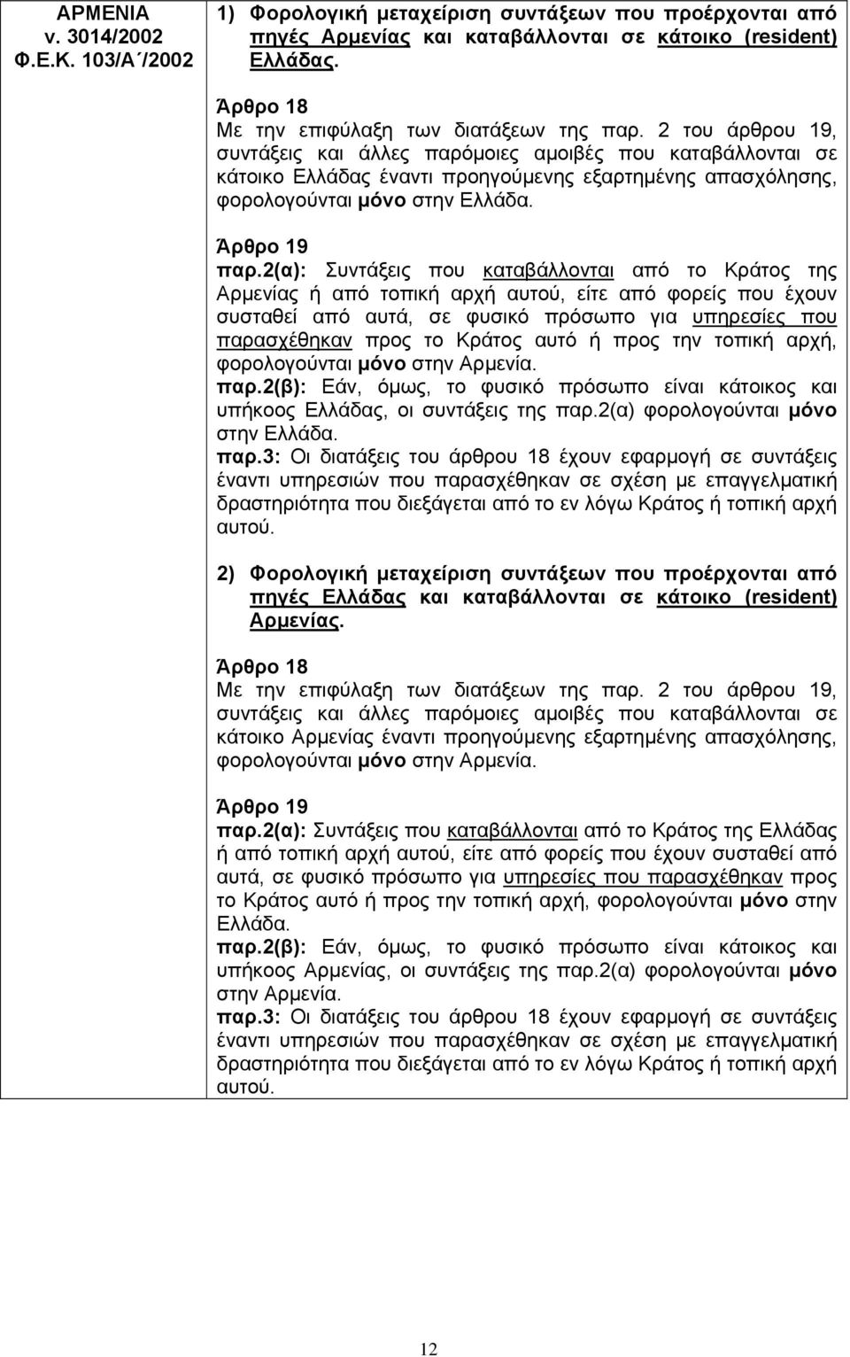 μοιες αμοιβές που καταβάλλονται σε κάτοικο Ελλάδας έναντι προηγούμενης εξαρτημένης απασχόλησης, φορολογούνται μόνο στην Ελλάδα. παρ.