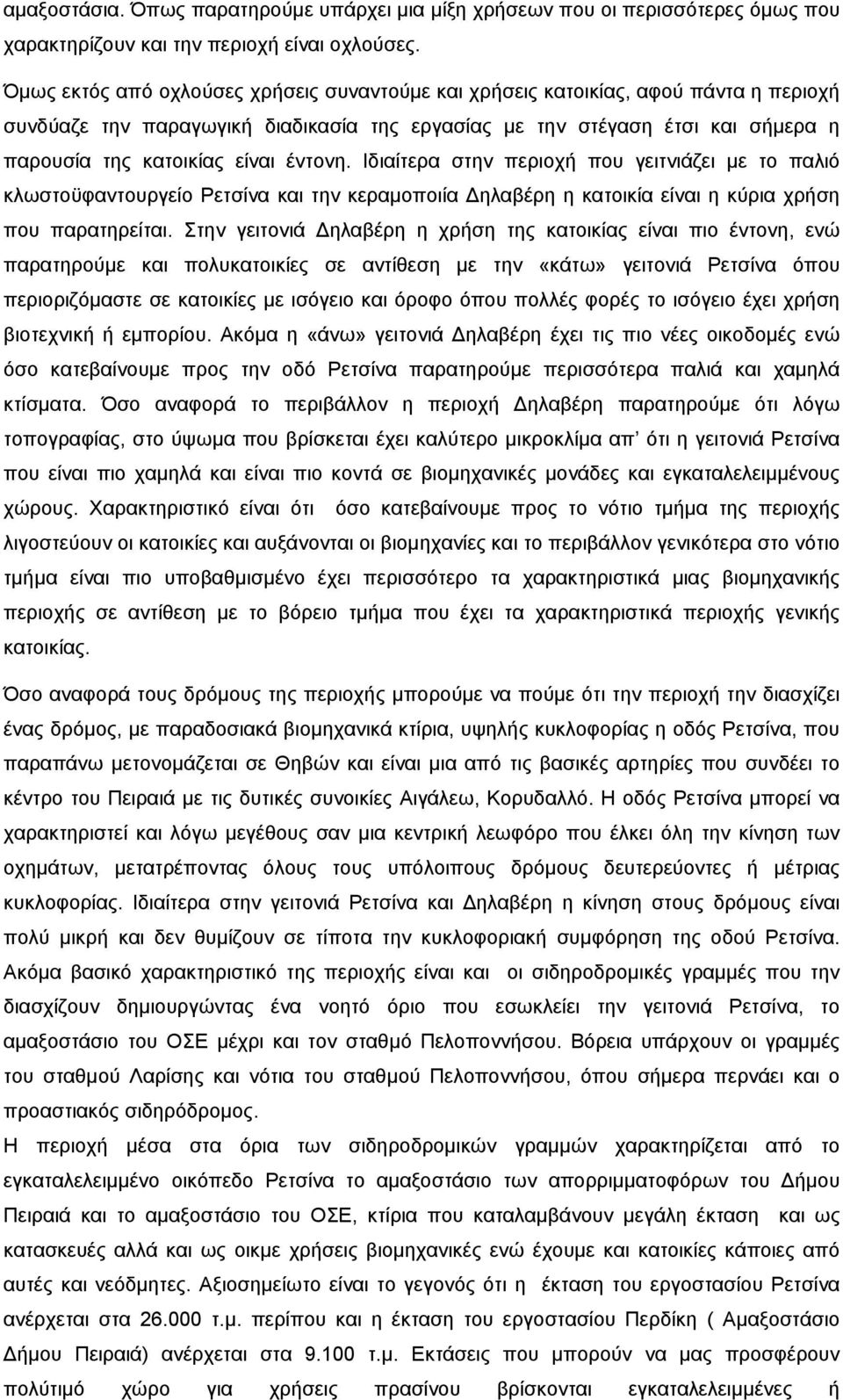 έντονη. Ιδιαίτερα στην περιοχή που γειτνιάζει με το παλιό κλωστοϋφαντουργείο Ρετσίνα και την κεραμοποιία Δηλαβέρη η κατοικία είναι η κύρια χρήση που παρατηρείται.