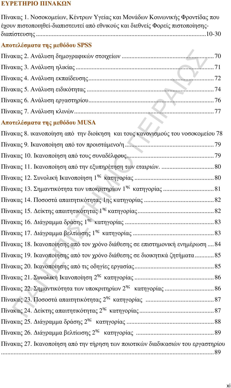 Ανάλυση εργαστηρίου...76 Πίνακας 7. Ανάλυση κλινών...77 Αποτελέσµατα της µεθόδου MUSA Πίνακας 8. ικανοποίηση από την διοίκηση και τους κανονισµούς του νοσοκοµείου 78 Πίνακας 9.