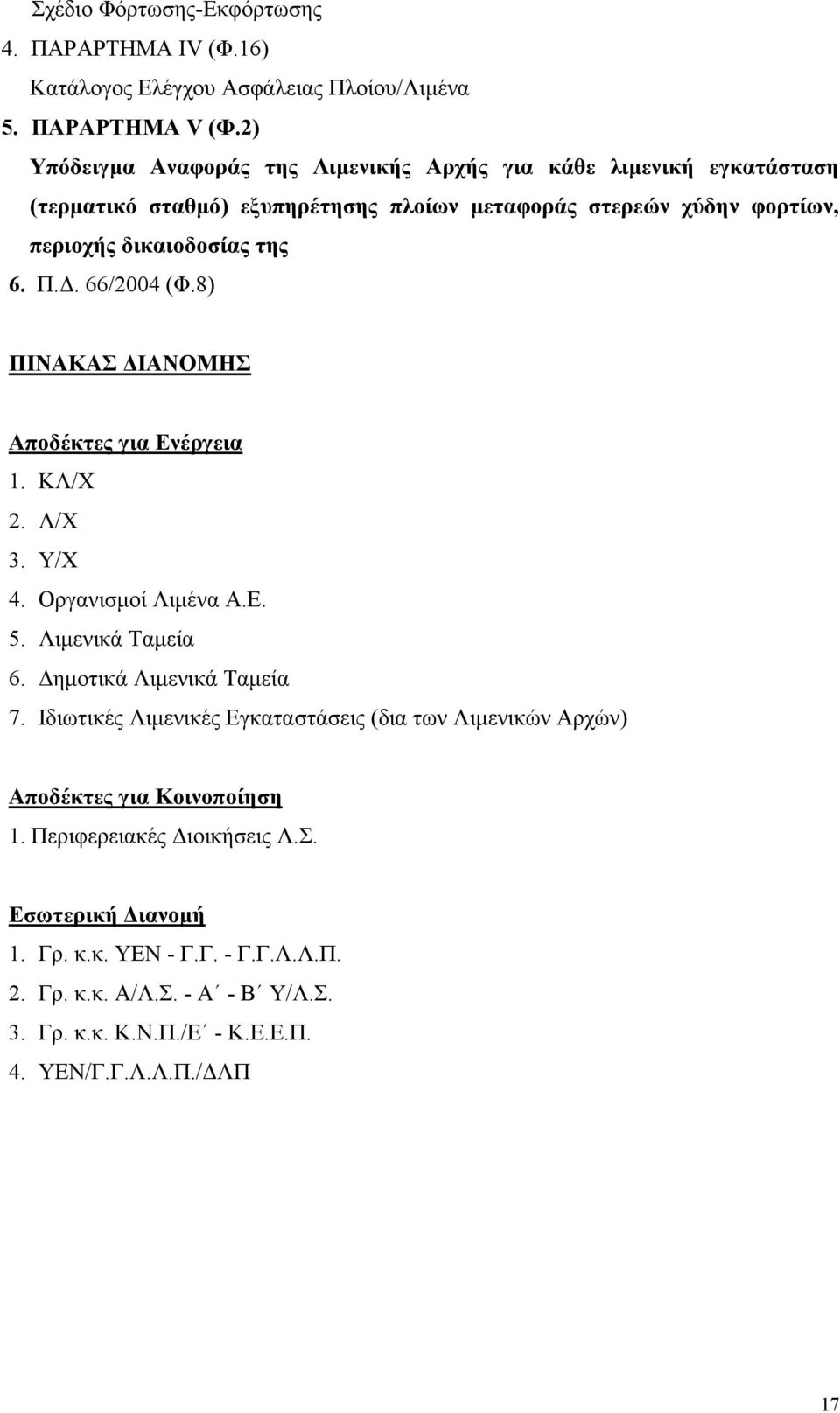 Δ. 66/2004 (Φ.8) ΠΙΝΑΚΑΣ ΔΙΑΝΟΜΗΣ Αποδέκτες για Ενέργεια 1. ΚΛ/Χ 2. Λ/Χ 3. Υ/Χ 4. Οργανισμοί Λιμένα Α.Ε. 5. Λιμενικά Ταμεία 6. Δημοτικά Λιμενικά Ταμεία 7.