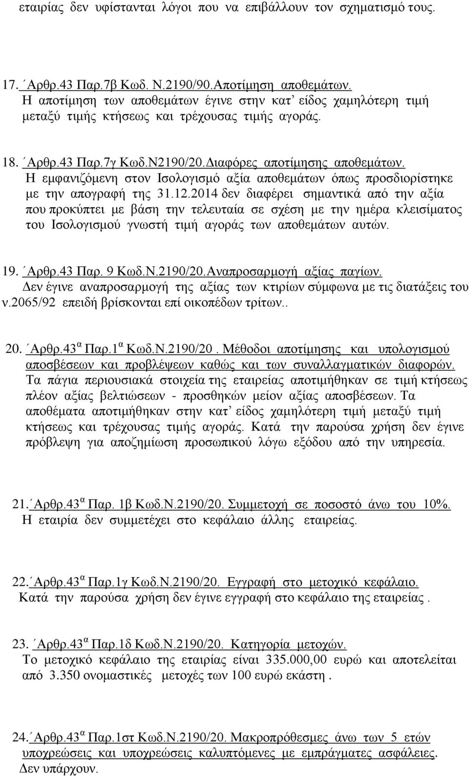 Η εμφανιζόμενη στον Ισολογισμό αξία αποθεμάτων όπως προσδιορίστηκε με την απογραφή της 31.12.