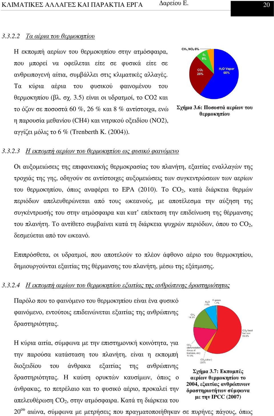 5) είναι οι υδρατµοί, το CO2 και το όζον σε ποσοστά 60 %, 26 % και 8 % αντίστοιχα, ενώ η παρουσία µεθανίου (CH4) και νιτρικού οξειδίου (NO2), αγγίζει µόλις το 6 % (Trenberth K. (2004)). Σχήµα 3.