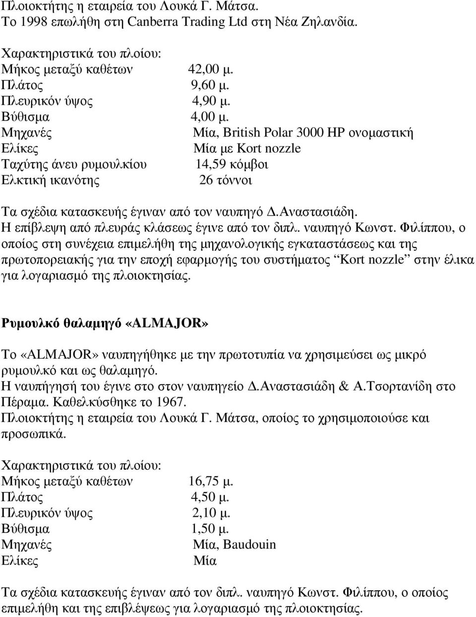 αναστασιάδη. Η επίβλεψη από πλευράς κλάσεως έγινε από τον διπλ. ναυπηγό Κωνστ.