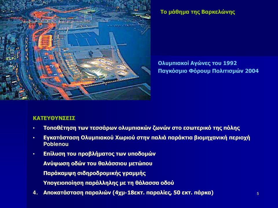 περιοχή Poblenou Επίλυση του προβλήματος των υποδομών Ανύψωση οδών του θαλάσσιου μετώπου Παράκαμψη σιδηροδρομικής