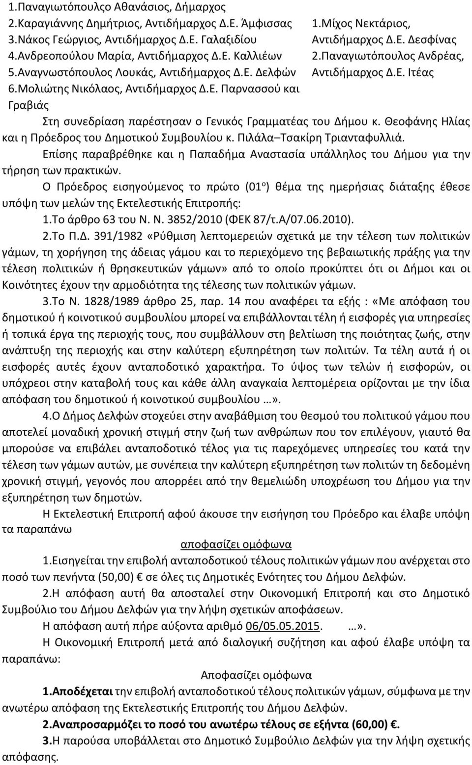 Θεοφάνης Ηλίας και η Πρόεδρος του Δημοτικού Συμβουλίου κ. Πιλάλα Τσακίρη Τριανταφυλλιά. Επίσης παραβρέθηκε και η Παπαδήμα Αναστασία υπάλληλος του Δήμου για την τήρηση των πρακτικών.