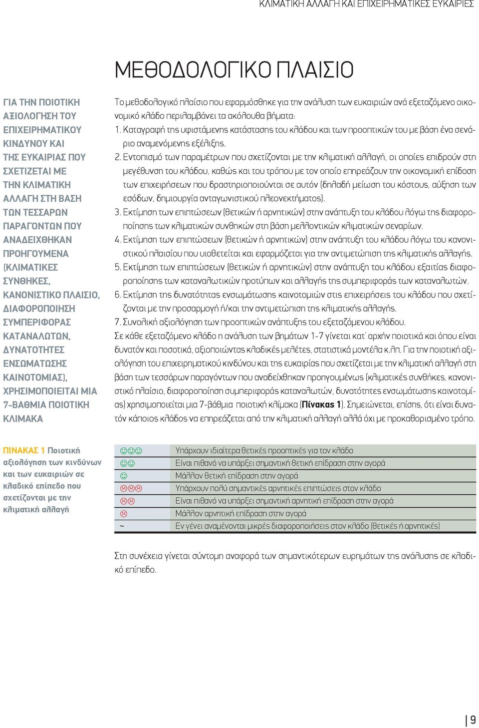 ποιοτική κλίμακα Το μεθοδολογικό πλαίσιο που εφαρμόσθηκε για την ανάλυση των ευκαιριών ανά εξεταζόμενο οικονομικό κλάδο περιλαμβάνει τα ακόλουθα βήματα: 1.