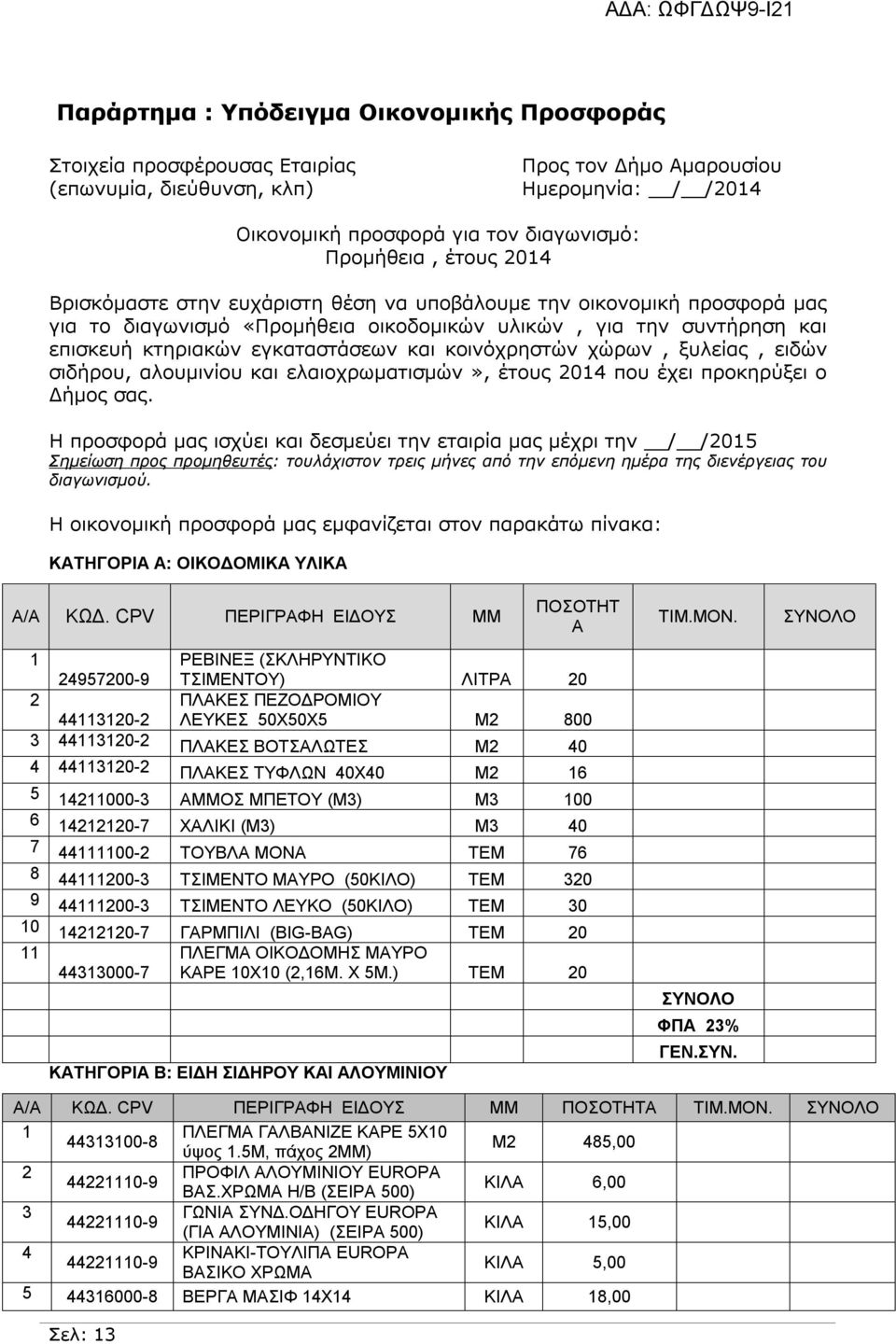 κοινόχρηστών χώρων, ξυλείας, ειδών σιδήρου, αλουμινίου και ελαιοχρωματισμών», έτους 2014 που έχει προκηρύξει ο Δήμος σας.