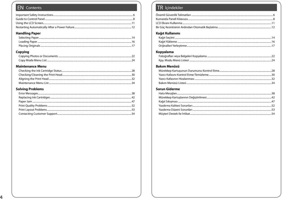 ..30 Aligning the Print Head...32 Maintenance Menu List...34 Solving Problems Error Messages...38 Replacing Ink Cartridges...42 Paper Jam...47 Print Quality Problems...52 Print Layout Problems.