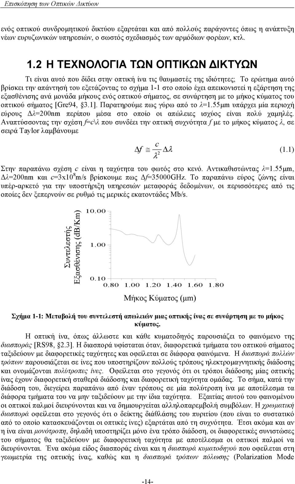 εξάρτηση της εξασθένισης ανά μονάδα μήκους ενός οπτικού σήματος, σε συνάρτηση με το μήκος κύματος του οπτικού σήματος [Gr94, 3.]. Παρατηρούμε πως γύρω από το λ.