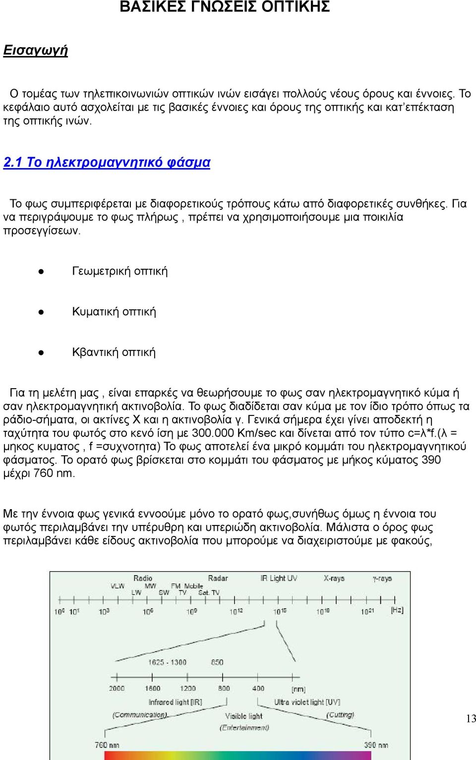 1 Το ηλεκτρομαγνητικό φάσμα Το φως συμπεριφέρεται με διαφορετικούς τρόπους κάτω από διαφορετικές συνθήκες. Για να περιγράψουμε το φως πλήρως, πρέπει να χρησιμοποιήσουμε μια ποικιλία προσεγγίσεων.