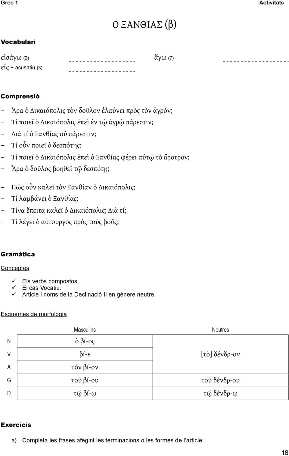 Ξανθίας; - Τίνα ἔπειτα καλεῖ ὁ Δικαιόπολις; Διὰ τί; - Τί λέγει ὁ αὐτουργὸς πρὸς τοὺς βοῦς; Gramàtica Conceptes Els verbs compostos. El cas Vocatiu. Article i noms de la Declinació II en gènere neutre.