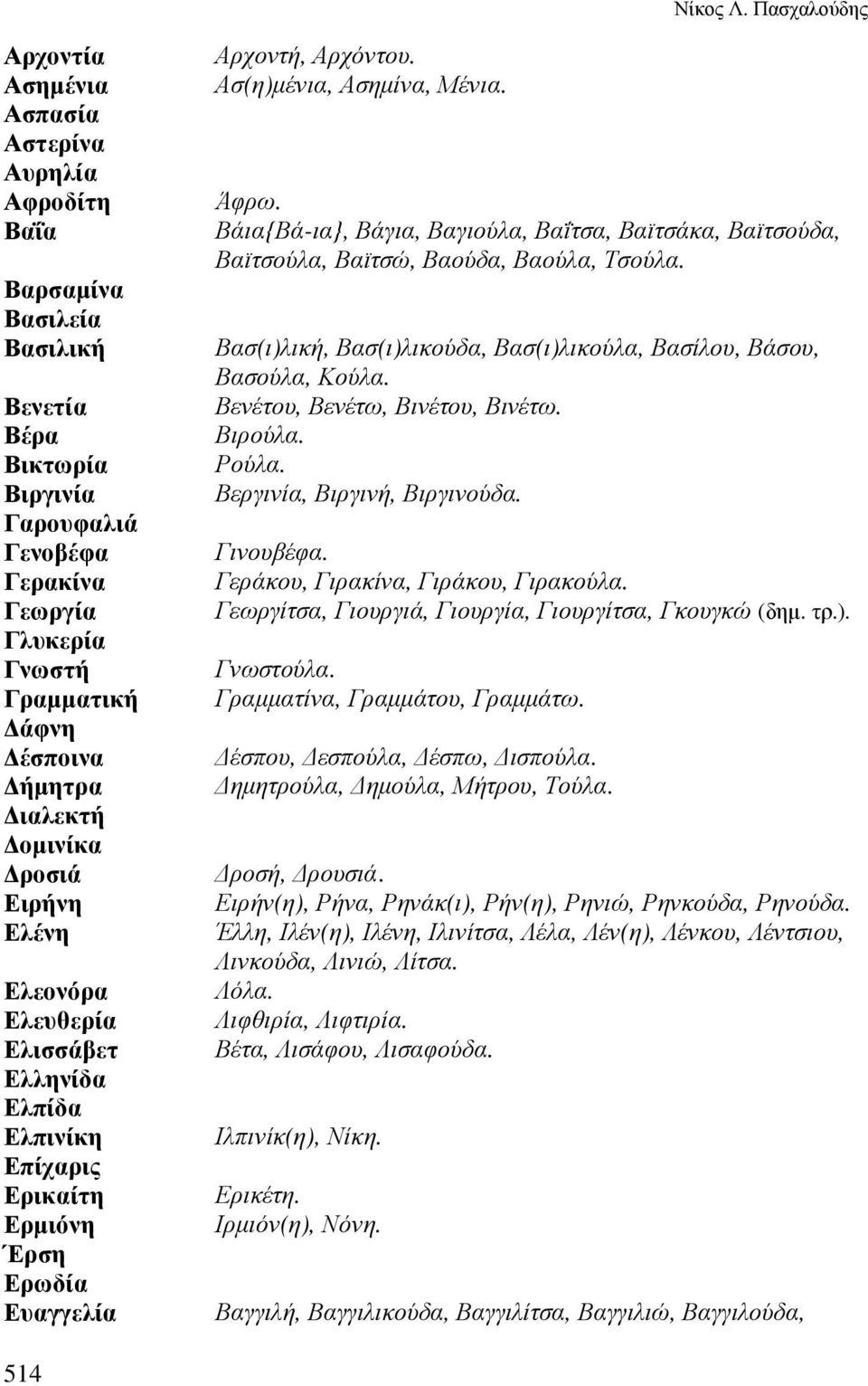 έσποινα ήµητρα ιαλεκτή οµινίκα ροσιά Ειρήνη Ελένη Ελεονόρα Ελευθερία Ελισσάβετ Ελληνίδα Ελπίδα Ελπινίκη Επίχαρις Ερικαίτη Ερµιόνη Έρση Ερωδία Ευαγγελία Αρχοντή, Αρχόντου. Ασ(η)µένια, Ασηµίνα, Μένια.