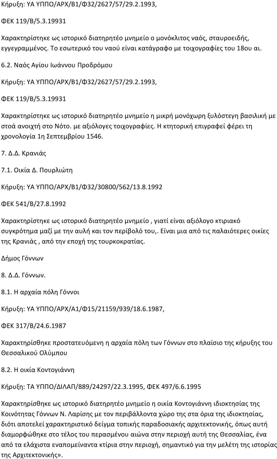 /2627/57/29.2.1993, ΦΕΚ 119/Β/5.3.19931 Χαρακτηρίστηκε ως ιστορικό διατηρητέο μνημείο η μικρή μονόχωρη ξυλόστεγη βασιλική με στοά ανοιχτή στο Νότο. με αξιόλογες τοιχογραφίες.