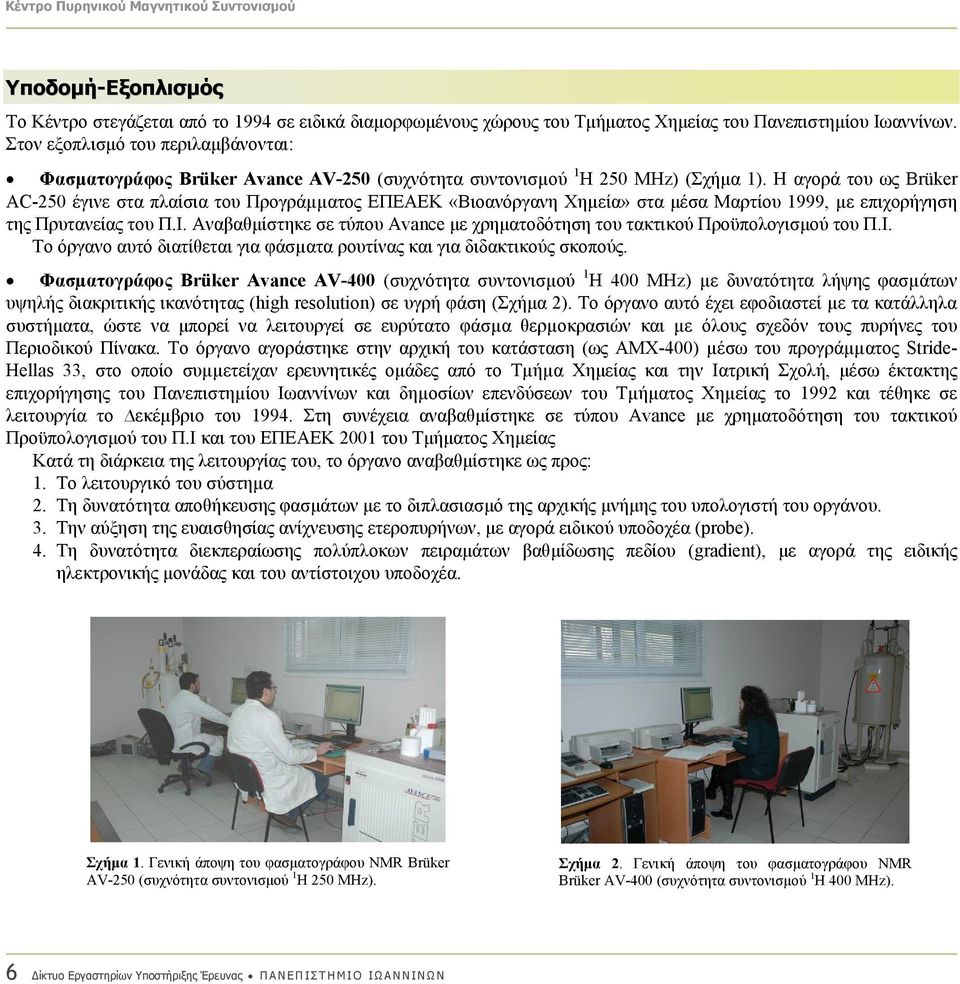 Η αγορά του ως Brüker AC-250 έγινε στα πλαίσια του Προγράµµατος ΕΠΕΑΕΚ «Βιοανόργανη Χηµεία» στα µέσα Μαρτίου 1999, µε επιχορήγηση της Πρυτανείας του Π.Ι.