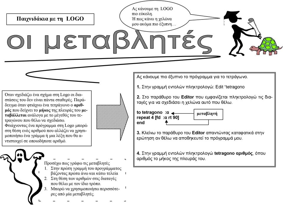 Παράδειγμα όταν φτιάχνω ένα τετράγωνο ο αριθμός που δείχνει το μήκος της πλευράς του μεταβάλλεται ανάλογα με το μέγεθός του τετραγώνου που θέλω να σχεδιάσω.