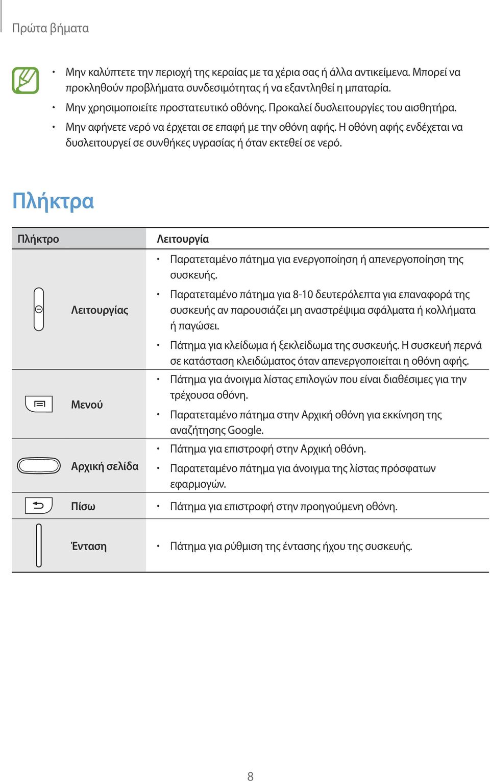 Η οθόνη αφής ενδέχεται να δυσλειτουργεί σε συνθήκες υγρασίας ή όταν εκτεθεί σε νερό.