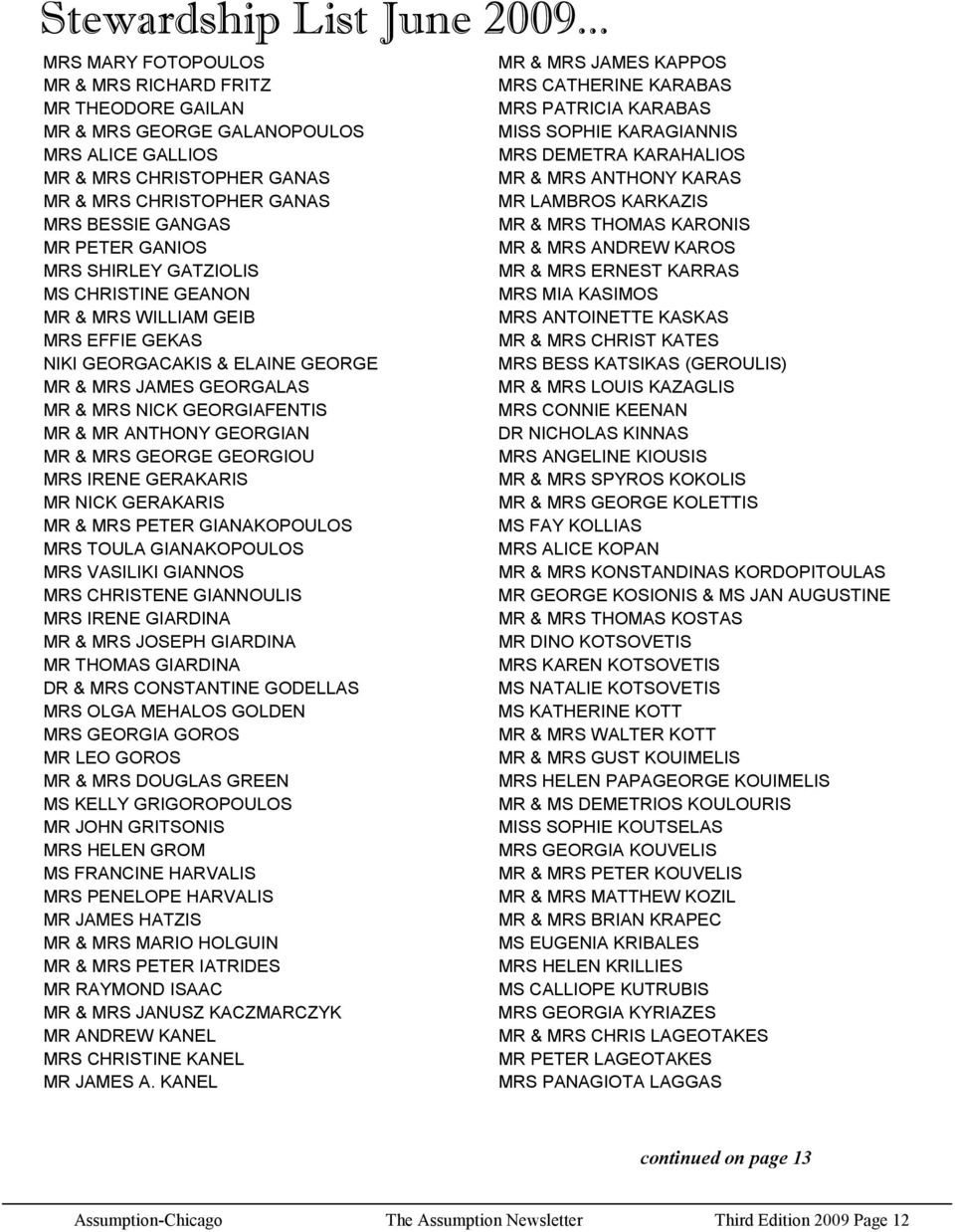 GALLIOS MRS DEMETRA KARAHALIOS MR & MRS CHRISTOPHER GANAS MR & MRS ANTHONY KARAS MR & MRS CHRISTOPHER GANAS MR LAMBROS KARKAZIS MRS BESSIE GANGAS MR & MRS THOMAS KARONIS MR PETER GANIOS MR & MRS