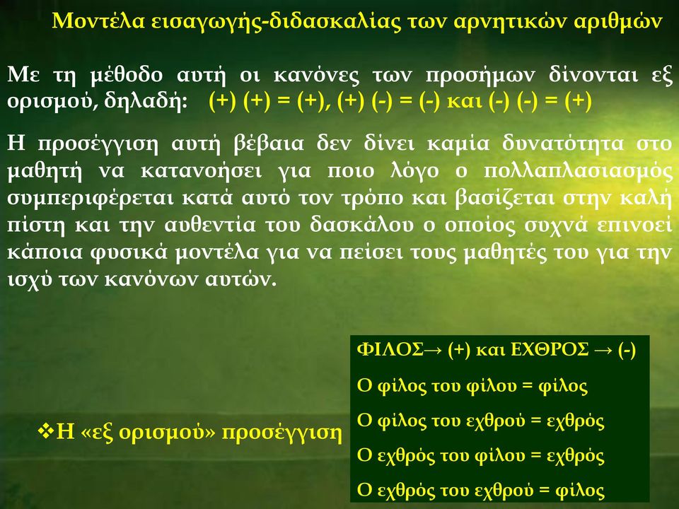 βασίζεται στην καλή πίστη και την αυθεντία του δασκάλου ο οποίος συχνά επινοεί κάποια φυσικά μοντέλα για να πείσει τους μαθητές του για την ισχύ των κανόνων