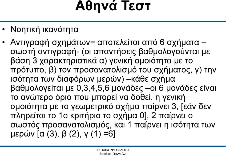 βαθμολογείται με 0,3,4,5,6 μονάδες οι 6 μονάδες είναι το ανώτερο όριο που μπορεί να δοθεί, η γενική ομοιότητα με το γεωμετρικό σχήμα