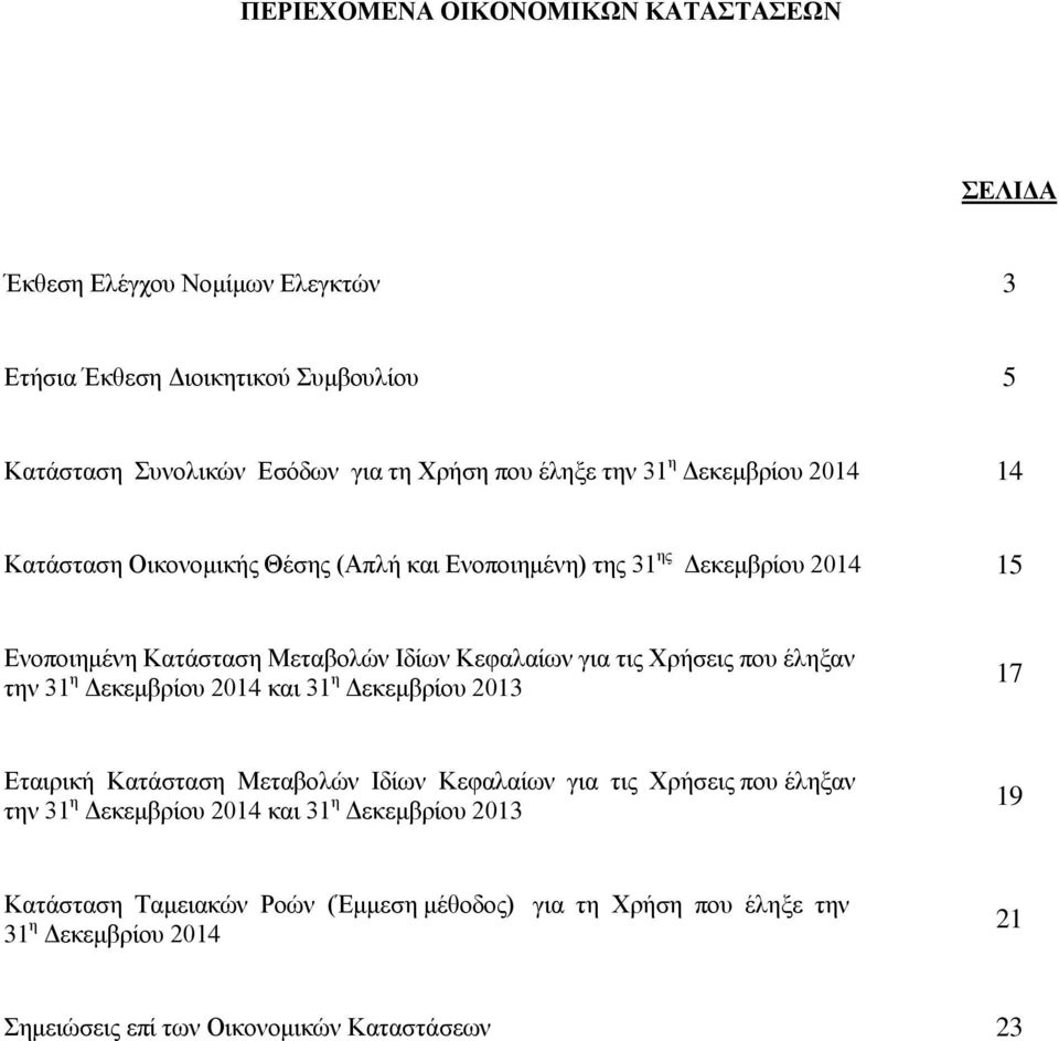 Χρήσεις που έληξαν την 31 η Δεκεμβρίου 2014 και 31 η Δεκεμβρίου 2013 17 Εταιρική Κατάσταση Μεταβολών Ιδίων Κεφαλαίων για τις Χρήσεις που έληξαν την 31 η Δεκεμβρίου