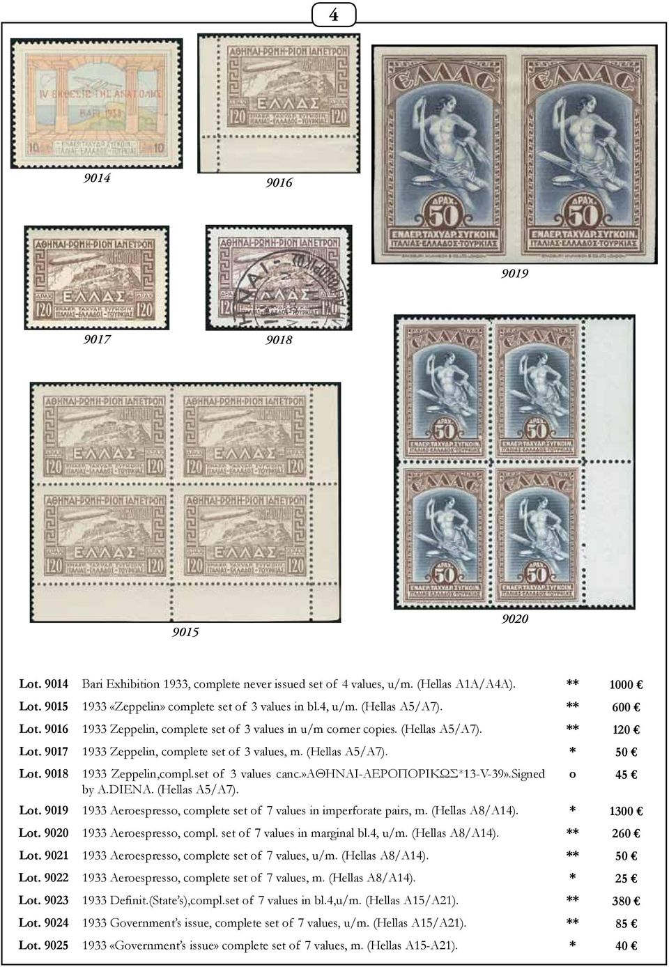 9018 1933 Zeppelin,compl.set of 3 values canc.»αθηναι-αεροπορικωσ*13-v-39».signed o 45 by A.DIENA. (Hellas A5/A7). Lot. 9019 1933 Aeroespresso, complete set of 7 values in imperforate pairs, m.