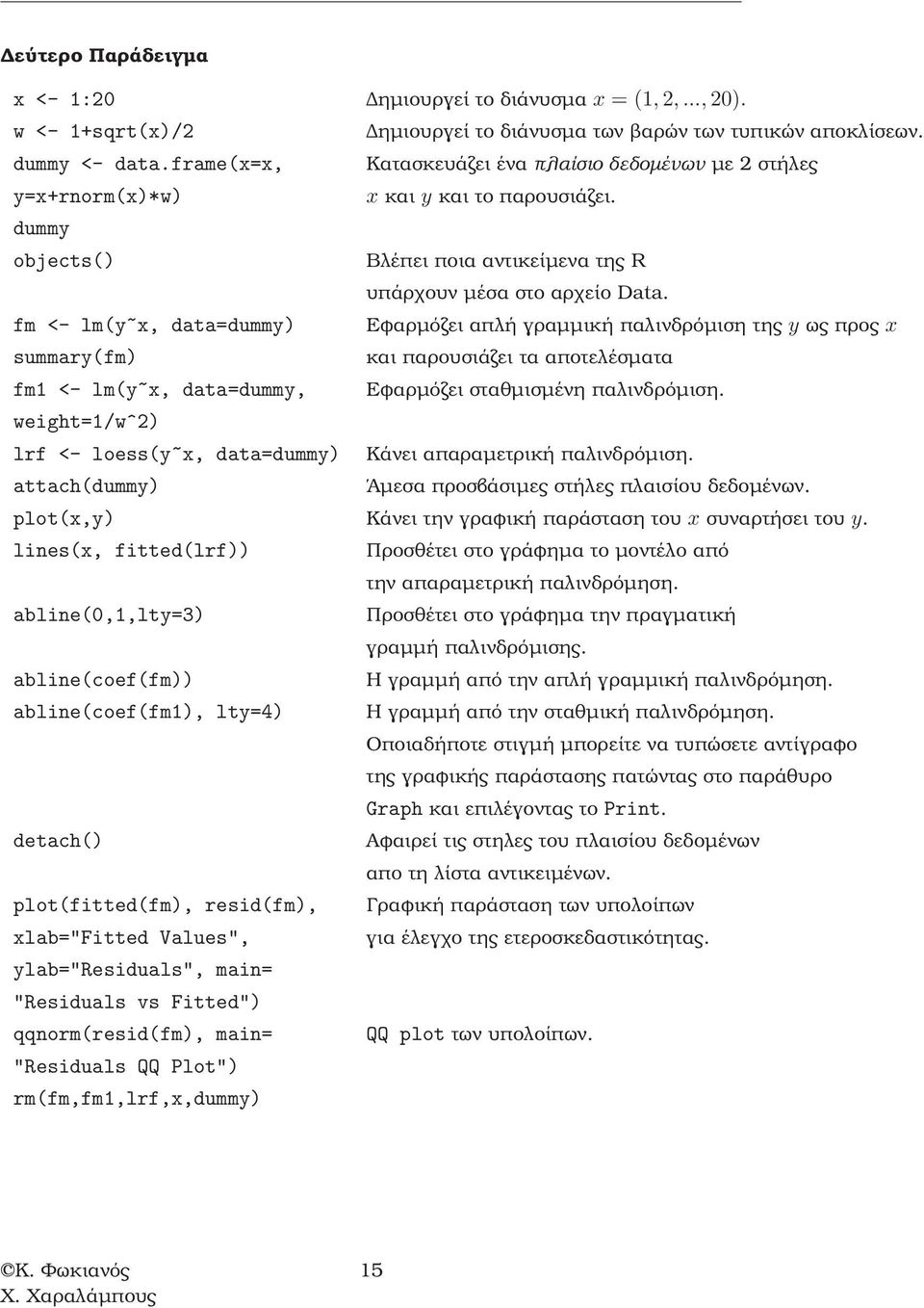 fm <- lm(y~x, data=dummy) Εφαρµόζει απλή γραµµική παλινδρόµιση της y ως προς x summary(fm) και παρουσιάζει τα αποτελέσµατα fm <- lm(y~x, data=dummy, Εφαρµόζει σταθµισµένη παλινδρόµιση.