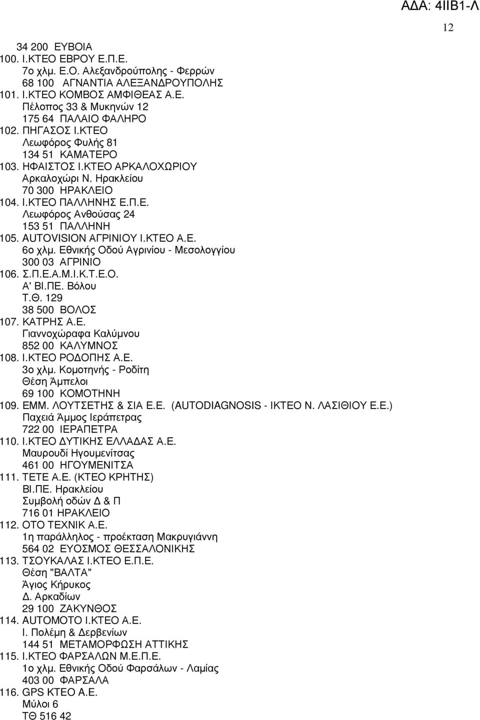 AUTOVISION ΑΓΡΙΝΙΟΥ Ι.ΚΤΕΟ Α.Ε. 6ο χλµ. Εθνικής Οδού Αγρινίου - Μεσολογγίου 300 03 ΑΓΡΙΝΙΟ 106. Σ.Π.Ε.Α.Μ.Ι.Κ.Τ.Ε.Ο. Α' ΒΙ.ΠΕ. Βόλου Τ.Θ. 129 38 500 ΒΟΛΟΣ 107. ΚΑΤΡΗΣ Α.Ε. Γιαννοχώραφα Καλύµνου 852 00 ΚΑΛΥΜΝΟΣ 108.