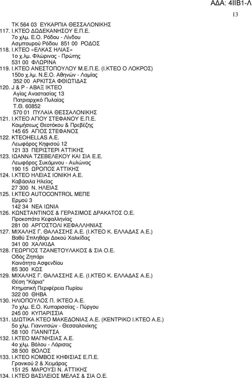 Π.Ε. Κοιµήσεως Θεοτόκου & Πρεβέζης 145 65 ΑΓΙΟΣ ΣΤΕΦΑΝΟΣ 122. KTEOHELLAS A.E. Λεωφόρος Κηφισού 12 121 33 ΠΕΡΙΣΤΕΡΙ ΑΤΤΙΚΗΣ 123. ΙΩΑΝΝΑ ΤΖΕΒΕΛΕΚΟΥ ΚΑΙ ΣΙΑ Ε.Ε. Λεωφόρος Συκάµινου - Αυλώνος 190 15 ΩΡΟΠΟΣ ΑΤΤΙΚΗΣ 124.