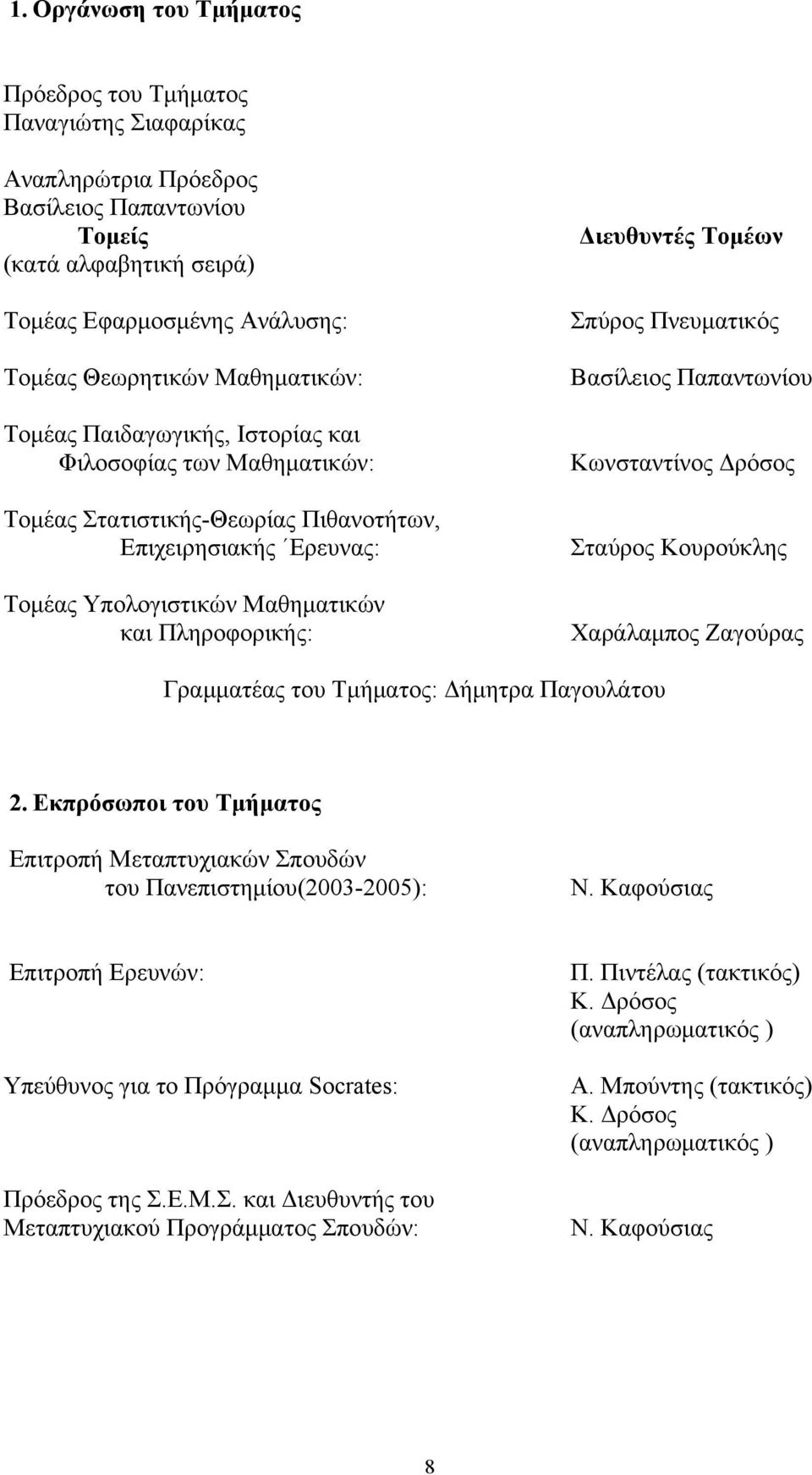 Διευθυντές Τομέων Σπύρος Πνευματικός Βασίλειος Παπαντωνίου Κωνσταντίνος Δρόσος Σταύρος Κουρούκλης Χαράλαμπος Ζαγούρας Γραμματέας του Τμήματος: Δήμητρα Παγουλάτου 2.