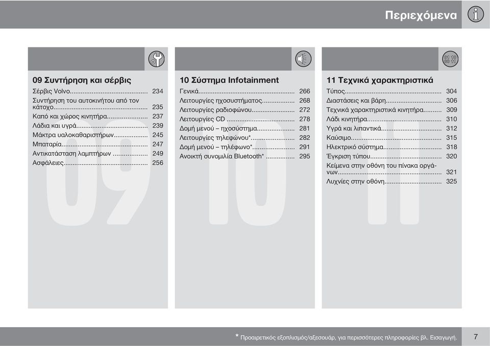 .. 282 Μπαταρία... 247 Δομή μενού τηλέφωνο*... 291 Αντικατάσταση λαμπτήρων... 249 Ανοικτή συνομιλία Bluetooth*... 295 Ασφάλειες... 256 11 Τεχνικά χαρακτηριστικά 11 Τύπος... 304 Διαστάσεις και βάρη.