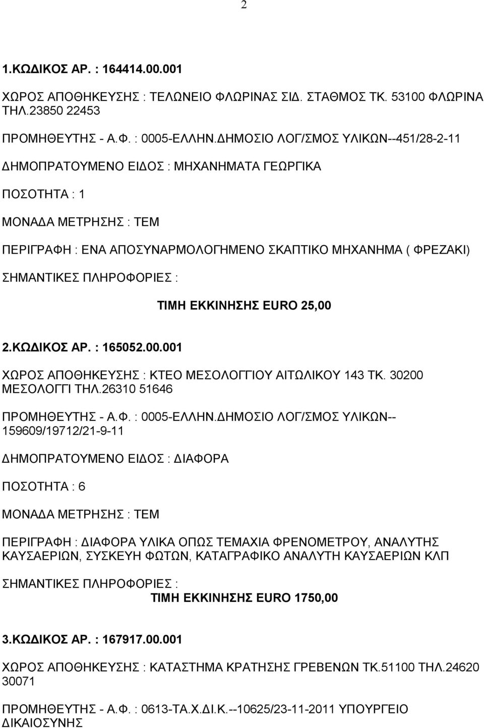 : 165052.00.001 ΧΩΡΟΣ ΑΠΟΘΗΚΕΥΣΗΣ : ΚΤΕΟ ΜΕΣΟΛΟΓΓΙΟΥ ΑΙΤΩΛΙΚΟΥ 143 ΤΚ. 30200 ΜΕΣΟΛΟΓΓΙ ΤΗΛ.26310 51646 ΠΡΟΜΗΘΕΥΤΗΣ - Α.Φ. : 0005-ΕΛΛΗΝ.