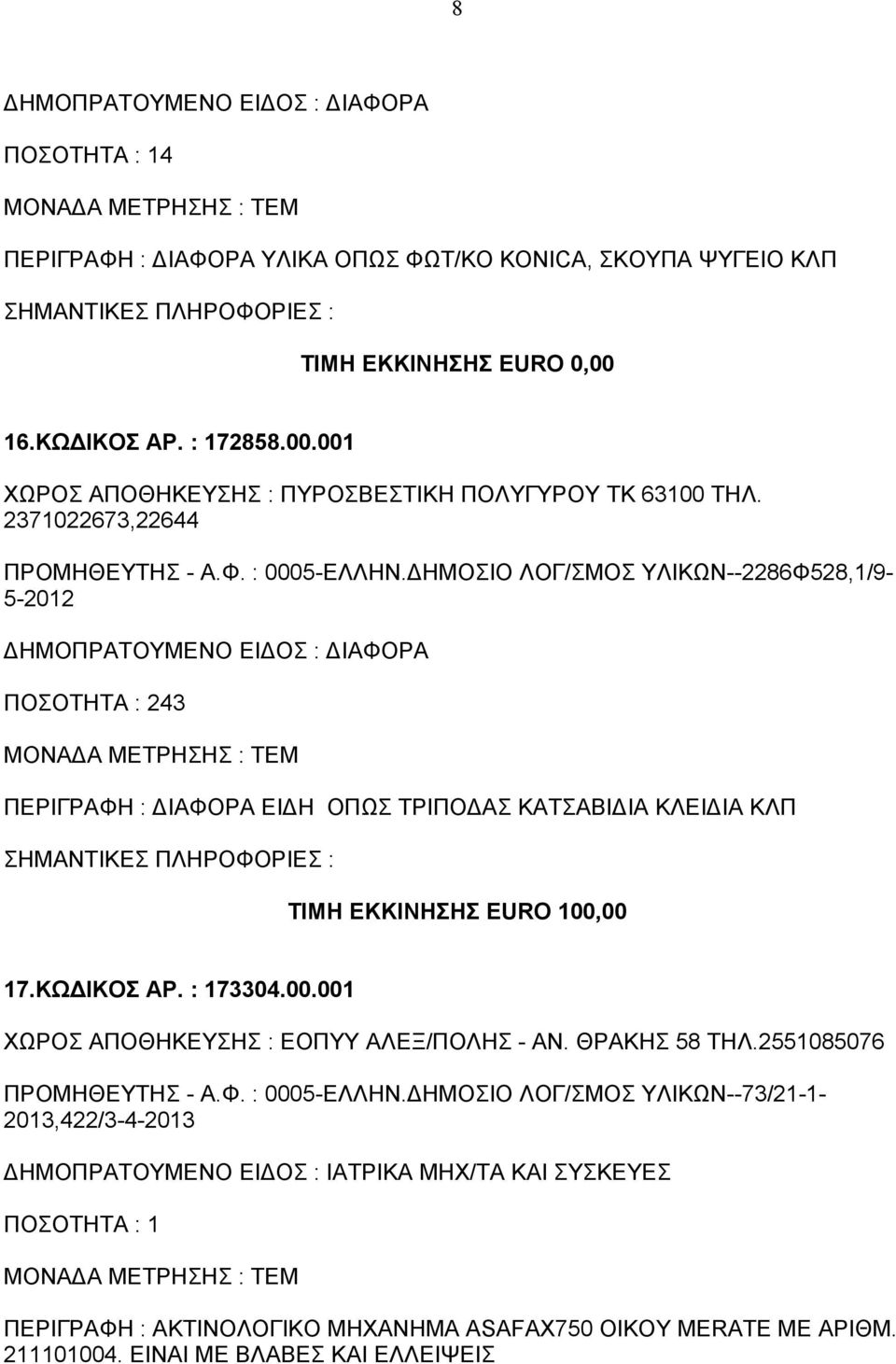 ΔΗΜΟΣΙΟ ΛΟΓ/ΣΜΟΣ ΥΛΙΚΩΝ--2286Φ528,1/9-5-2012 ΠΟΣΟΤΗΤΑ : 243 ΠΕΡΙΓΡΑΦΗ : ΔΙΑΦΟΡΑ ΕΙΔΗ ΟΠΩΣ ΤΡΙΠΟΔΑΣ ΚΑΤΣΑΒΙΔΙΑ ΚΛΕΙΔΙΑ ΚΛΠ ΤΙΜΗ ΕΚΚΙΝΗΣΗΣ EURO 100,