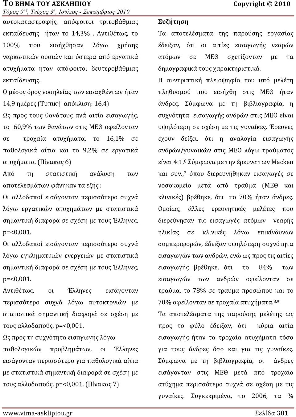 Ο μέσος όρος νοσηλείας των εισαχθέντων ήταν 14,9 ημέρες (Τυπική απόκλιση: 16,4) Ως προς τους θανάτους ανά αιτία εισαγωγής, το 60,9% των θανάτων στις ΜΕΘ οφείλονταν σε τροχαία ατυχήματα, το 16,1% σε