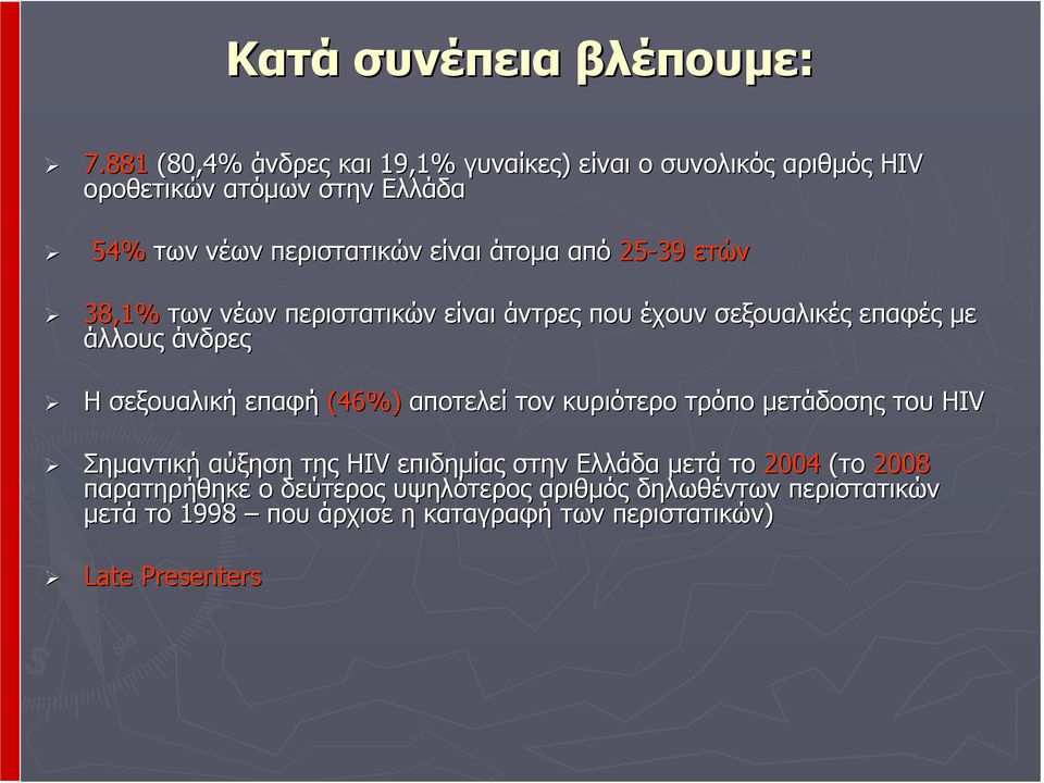 από 25-39 ετών 38,1% των νέων περιστατικών είναι άντρες που έχουν σεξουαλικές επαφές με άλλους άνδρες Η σεξουαλική επαφή (46%) αποτελεί