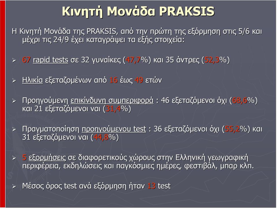 (68,6%) και 21 εξεταζόμενοι ναι (31,4%) Πραγματοποίηση προηγούμενου test : 36 εξεταζόμενοι όχι (55,2%) και 31 εξεταζόμενοι ναι (44,8%) 5 εξορμήσεις