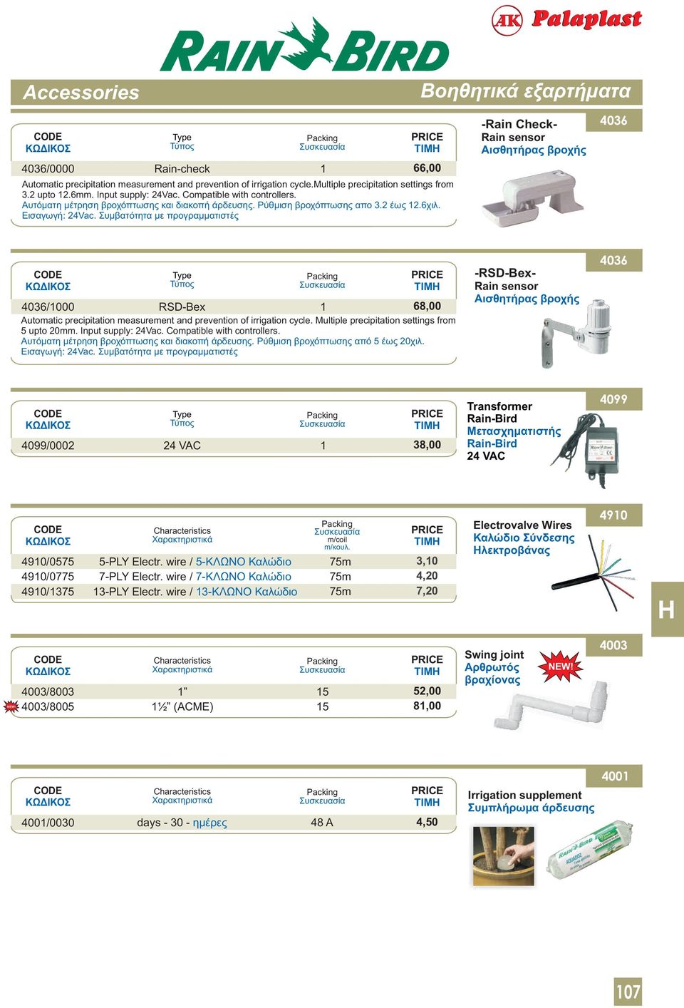 Συμβατότητα με προγραμματιστές Rain Check Rain sensor Αισθητήρας βροχής 0 0/00 RSDBex 8,00 Automatic precipitation measurement and prevention of irrigation cycle.