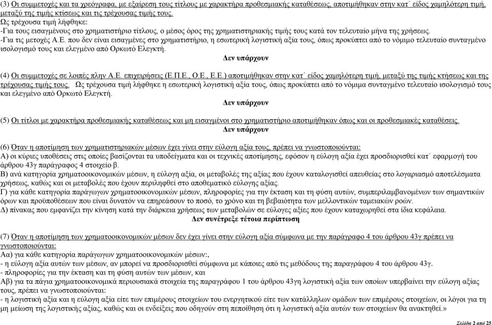 που δεν είναι εισαγμένες στο χρηματιστήριο, η εσωτερική λογιστική αξία τους, όπως προκύπτει από το νόμιμο τελευταίο συνταγμένο ισολογισμό τους και ελεγμένο από Ορκωτό Ελεγκτή.