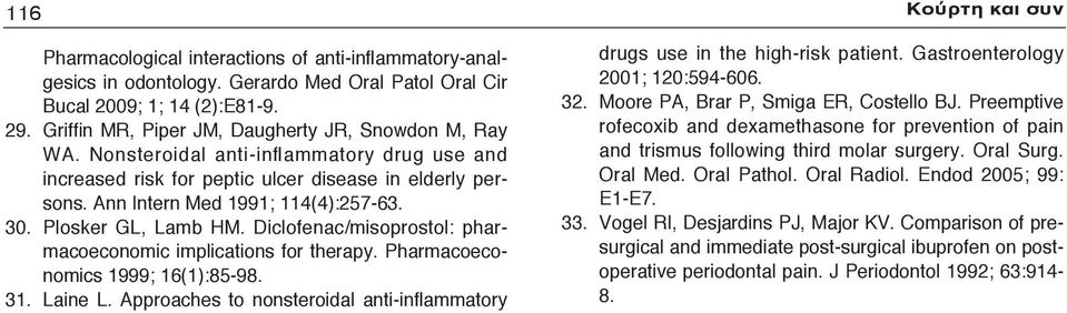 Plosker GL, Lamb HM. Diclofenac/misoprostol: pharmacoeconomic implications for therapy. Pharmacoeconomics 1999; 16(1):85-98. 31. Laine L.