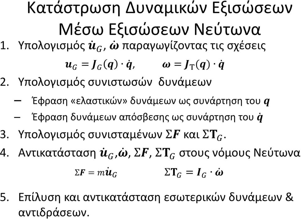 Υπολογισμός συνιστωσών δυνάμεων Έφραση «ελαστικών» δυνάμεων ως συνάρτηση του q Έφραση δυνάμεων απόσβεσης ως