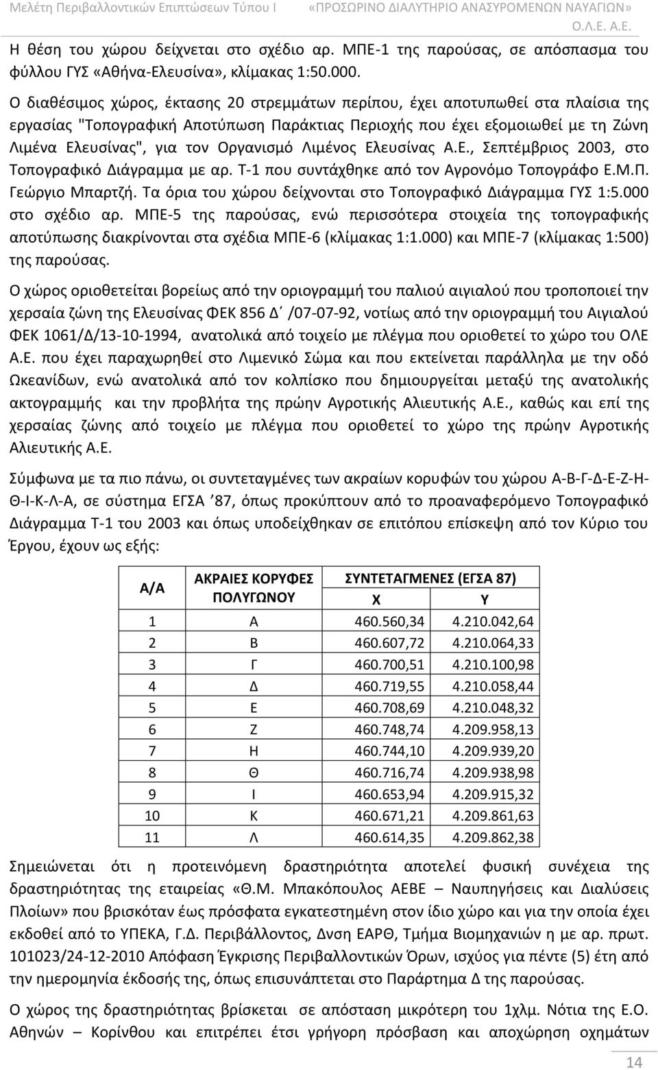 Οργανισμό Λιμένος Ελευσίνας Α.Ε., Σεπτέμβριος 2003, στο Τοπογραφικό Διάγραμμα με αρ. Τ-1 που συντάχθηκε από τον Αγρονόμο Τοπογράφο Ε.Μ.Π. Γεώργιο Μπαρτζή.