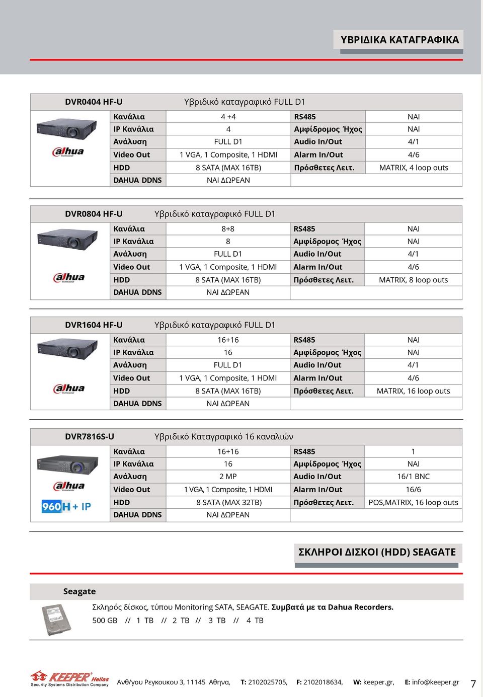 MATRIX, 4 loop outs DVR0804 HF-U Υβριδικό καταγραφικό FULL D1 Κανάλια 8+8 RS485 ΝΑΙ IP Κανάλια 8 Αμφίδρομος Ήχος ΝΑΙ Ανάλυση FULL D1 Audio In/Out 4/1 Video Out 1 VGA, 1 Composite, 1 HDMI Alarm 