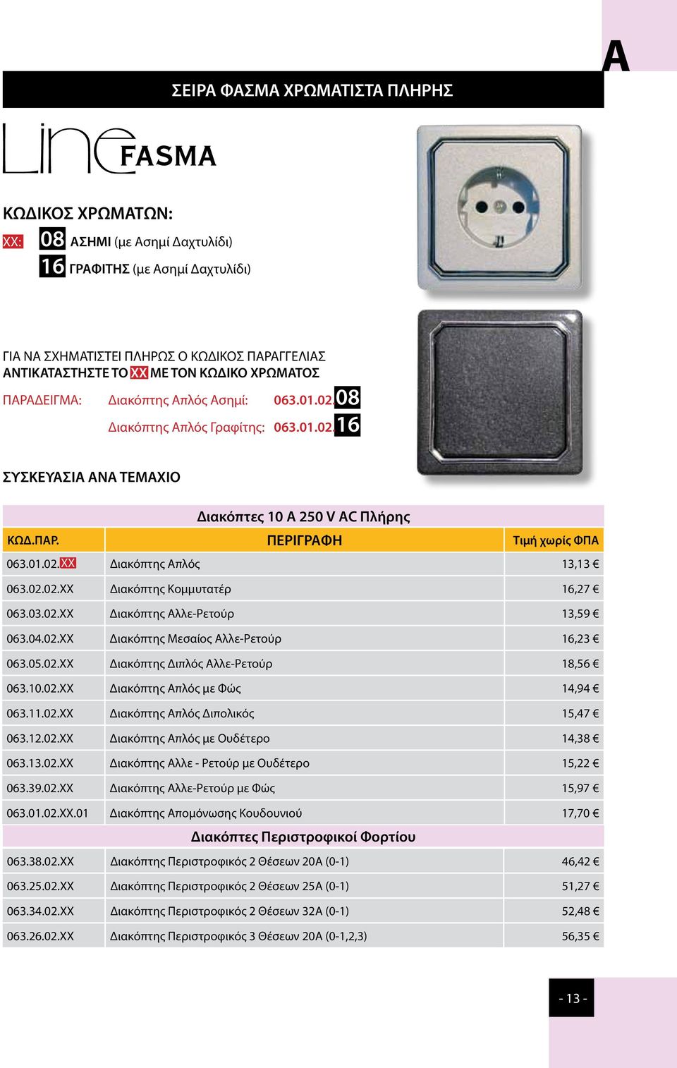 02.02.ΧΧ Διακόπτης Κομμυτατέρ 16,27 063.03.02.ΧΧ Διακόπτης Αλλε-Ρετούρ 13,59 063.04.02.ΧΧ Διακόπτης Μεσαίος Αλλε-Ρετούρ 16,23 063.05.02.ΧΧ Διακόπτης Διπλός Αλλε-Ρετούρ 18,56 063.10.02.ΧΧ Διακόπτης Απλός με Φώς 14,94 063.