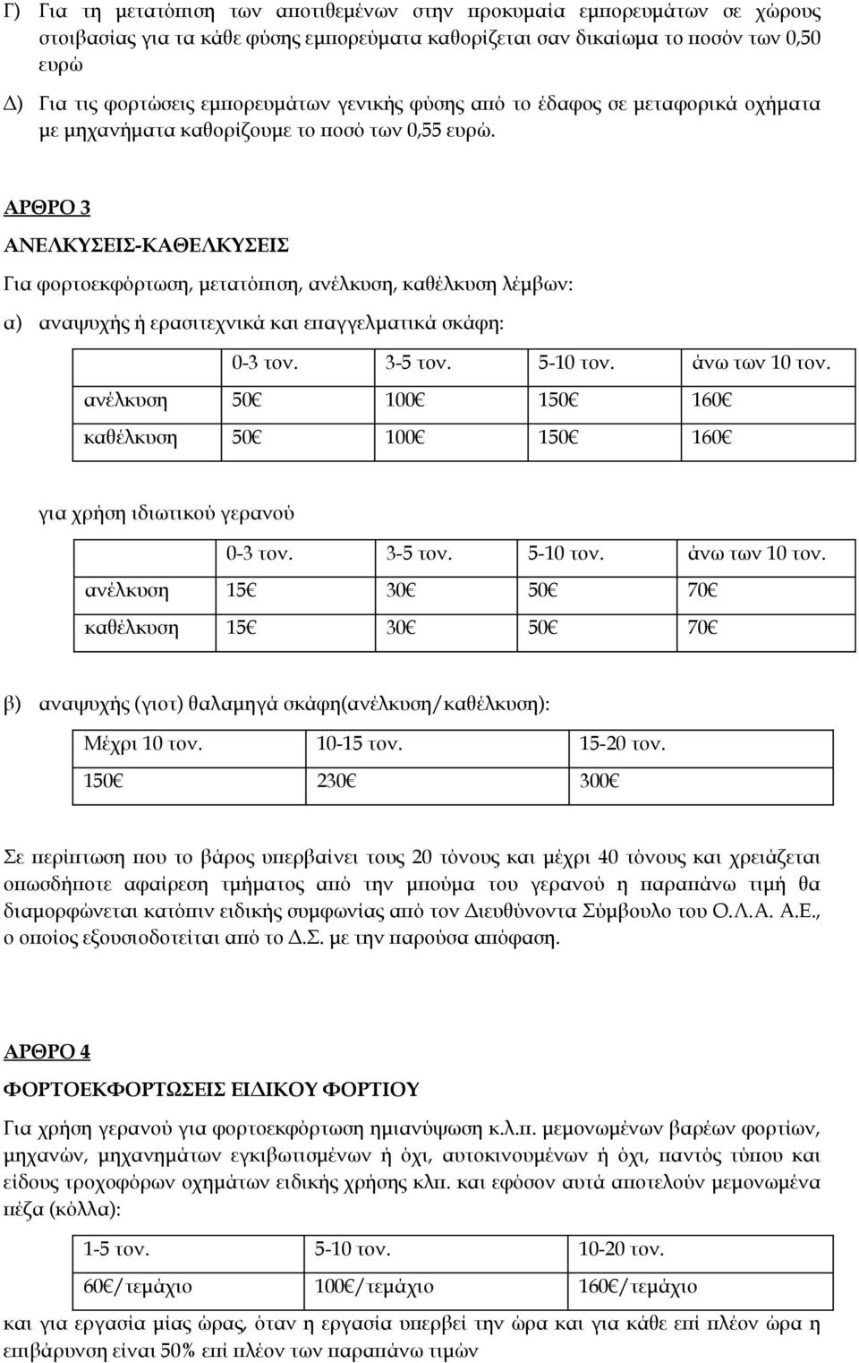 ΑΡΘΡΟ 3 ΑΝΕΛΚΥΣΕΙΣ-ΚΑΘΕΛΚΥΣΕΙΣ Για φορτοεκφόρτωση, μετατόπιση, ανέλκυση, καθέλκυση λέμβων: α) αναψυχής ή ερασιτεχνικά και επαγγελματικά σκάφη: 0-3 τον. 3-5 τον. 5-10 τον. άνω των 10 τον.