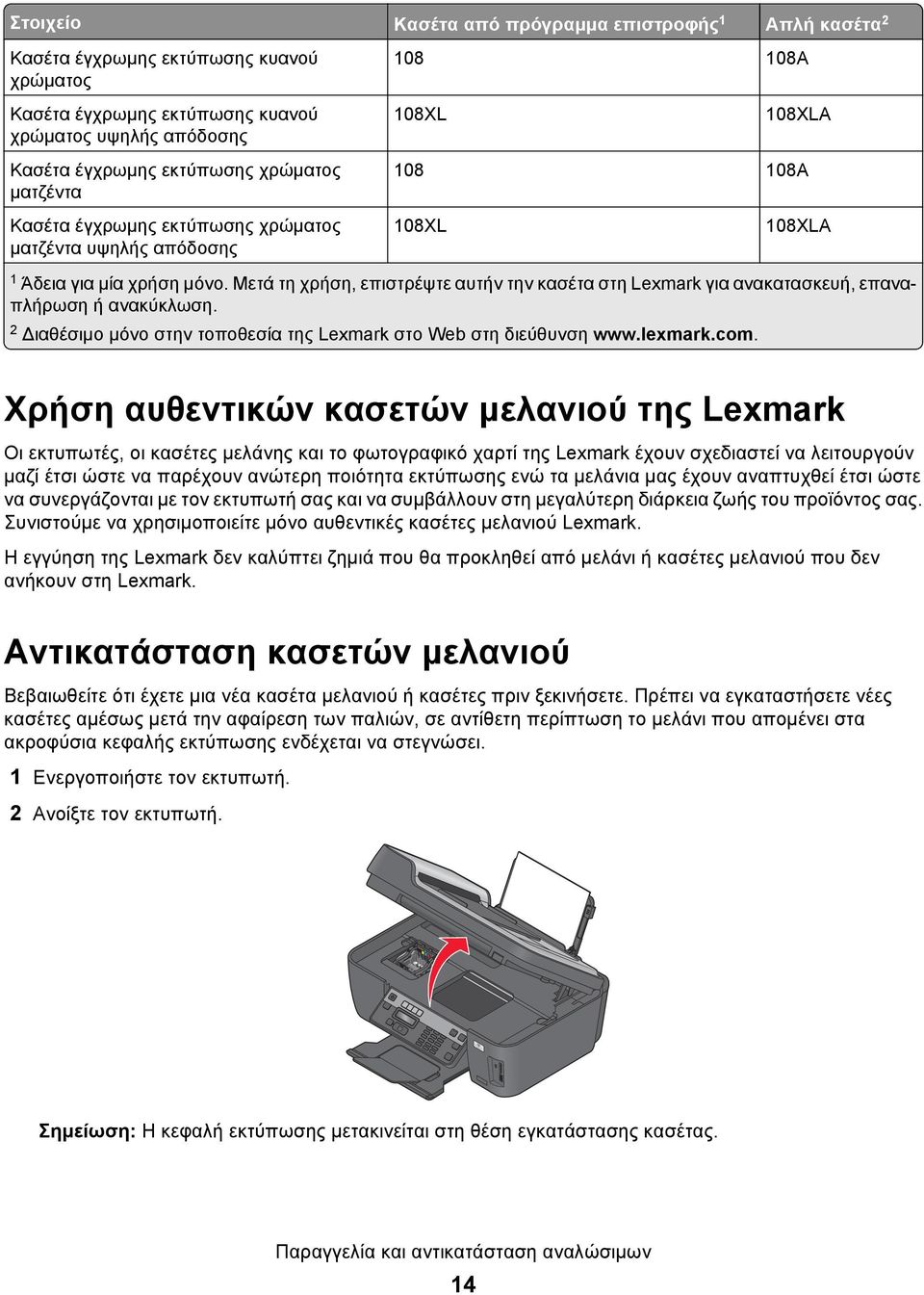 Μετά τη χρήση, επιστρέψτε αυτήν την κασέτα στη Lexmark για ανακατασκευή, επαναπλήρωση ή ανακύκλωση. 2 Διαθέσιμο μόνο στην τοποθεσία της Lexmark στο Web στη διεύθυνση www.lexmark.com.